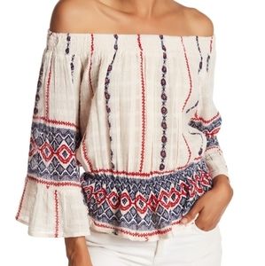 Raga boho cream blue red peplum top bell sleeve xs